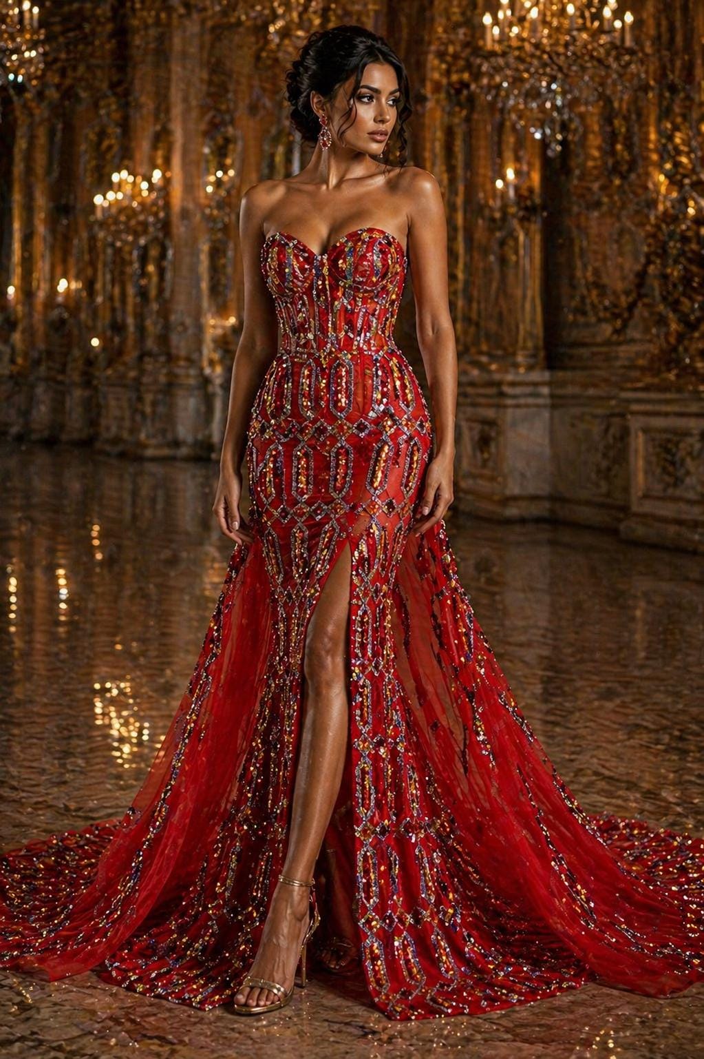 Jewel Design Iridescent Luxury Multi Color Sequin - Red/Silver -  4 Way Stretch Mesh Fabric – Prom & Evening Dress Material By The Yard.
