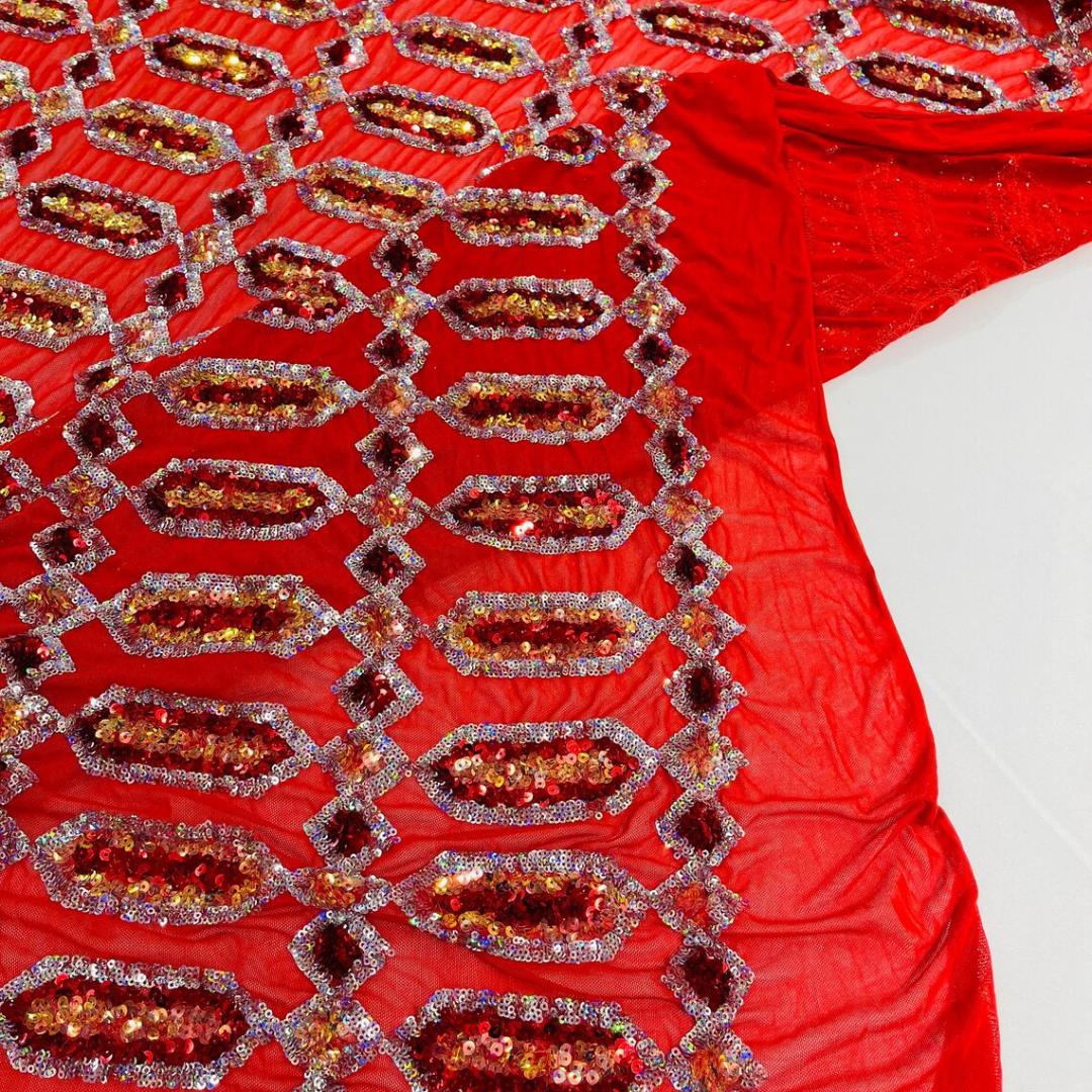 Jewel Design Iridescent Luxury Multi Color Sequin - Red/Silver -  4 Way Stretch Mesh Fabric – Prom & Evening Dress Material By The Yard.