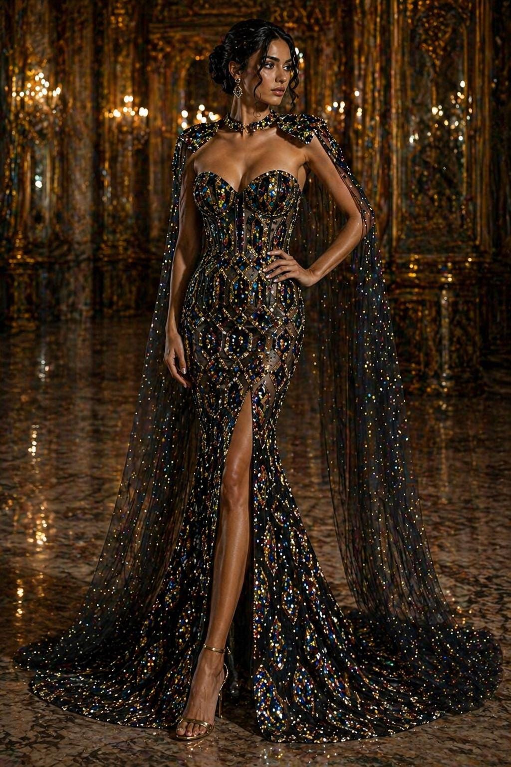 Jewel Design Iridescent Luxury Multi Color Sequin - Gold/Black -  4 Way Stretch Mesh Fabric – Prom & Evening Dress Material By The Yard.