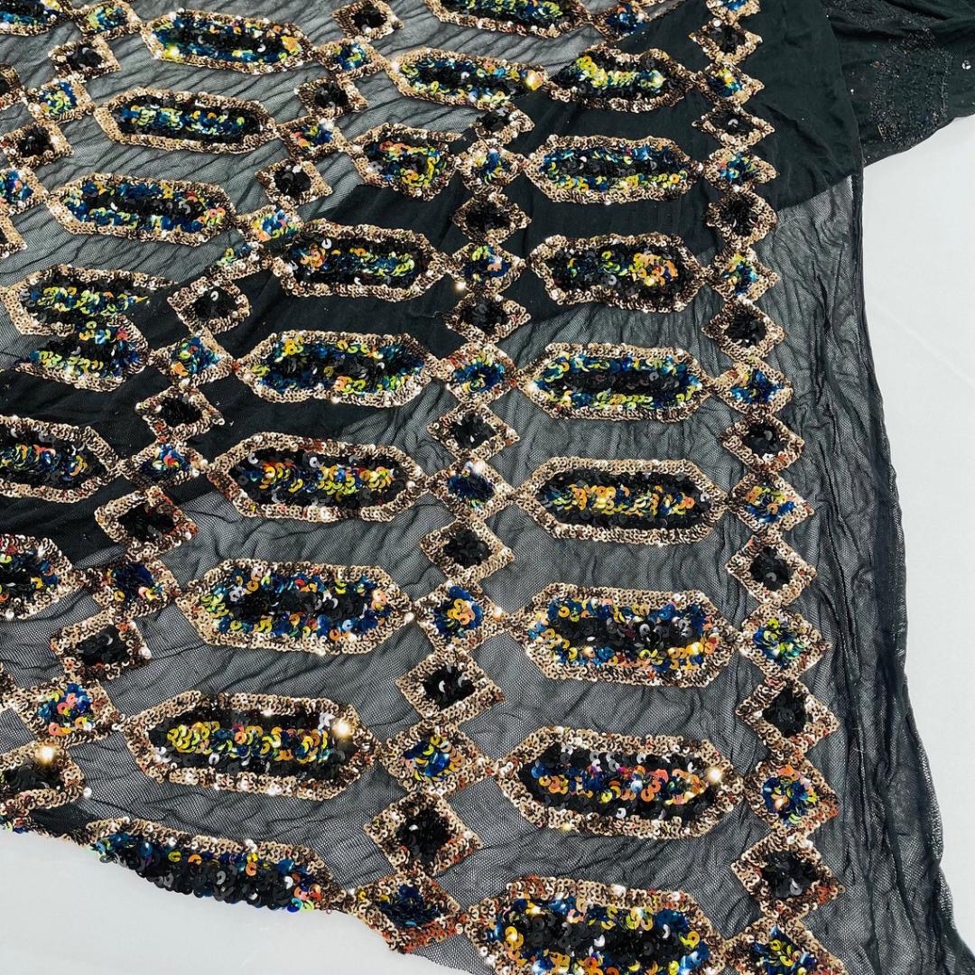 Jewel Design Iridescent Luxury Multi Color Sequin - Gold/Black -  4 Way Stretch Mesh Fabric – Prom & Evening Dress Material By The Yard.