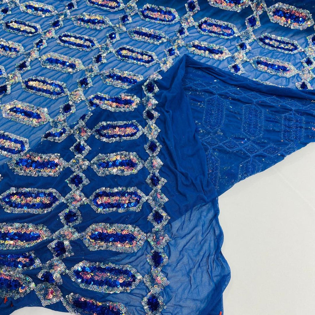 Jewel Design Iridescent Luxury Multi Color Sequin - Royal/Silver -  4 Way Stretch Mesh Fabric – Prom & Evening Dress Material By The Yard.