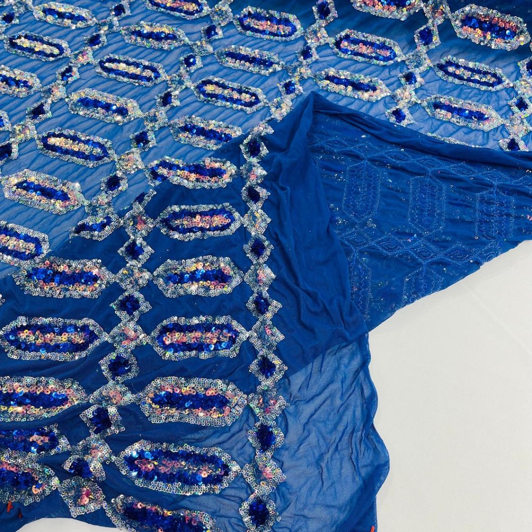 Jewel Design Iridescent Luxury Multi Color Sequin - Royal/Silver -  4 Way Stretch Mesh Fabric – Prom & Evening Dress Material By The Yard.