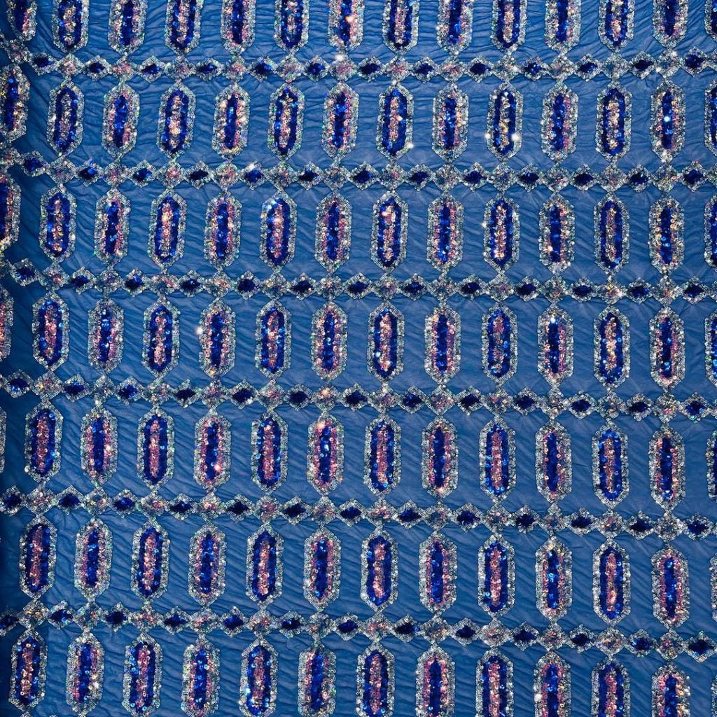 Jewel Design Iridescent Luxury Multi Color Sequin - Royal/Silver -  4 Way Stretch Mesh Fabric – Prom & Evening Dress Material By The Yard.