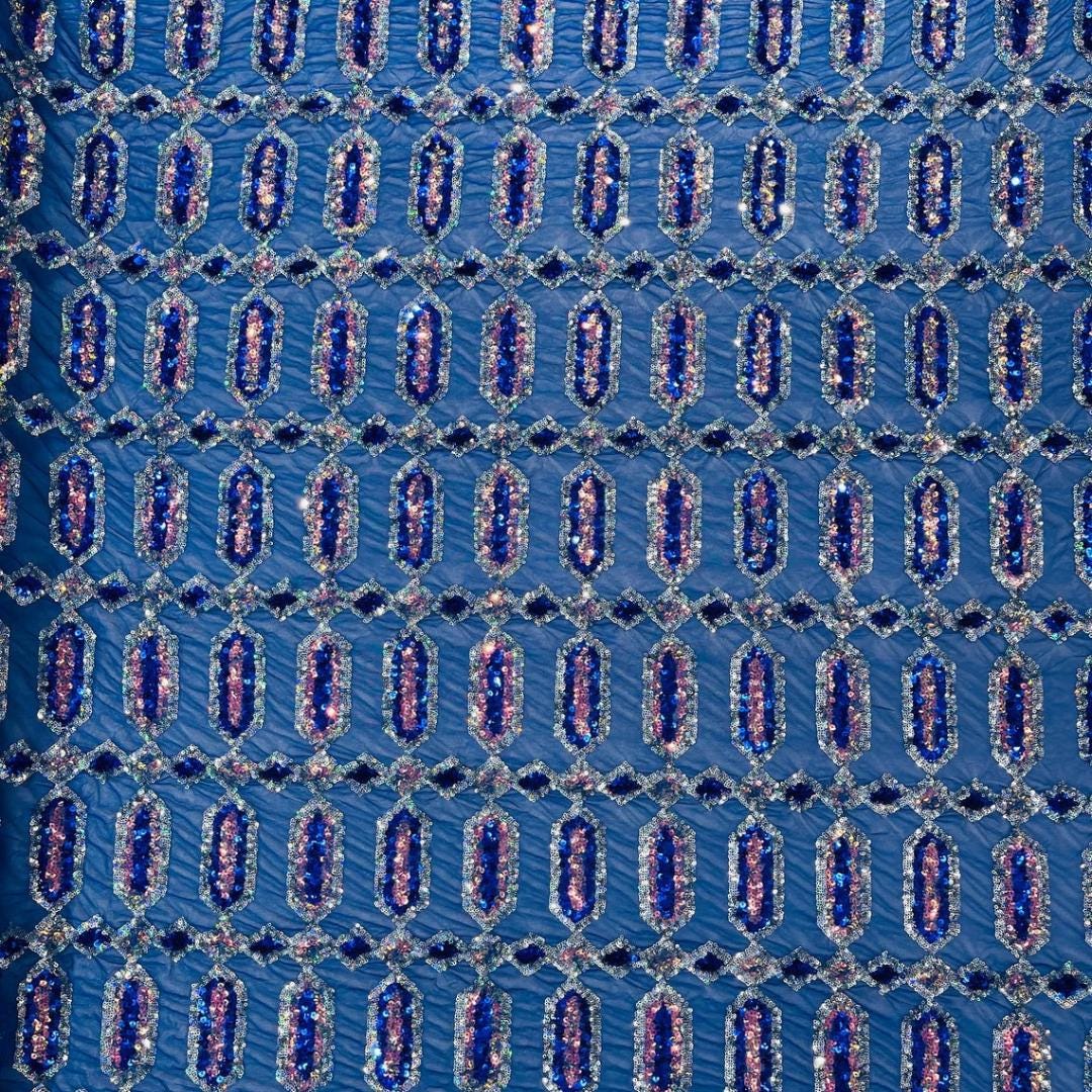 Jewel Design Iridescent Luxury Multi Color Sequin - Royal/Silver -  4 Way Stretch Mesh Fabric – Prom & Evening Dress Material By The Yard.