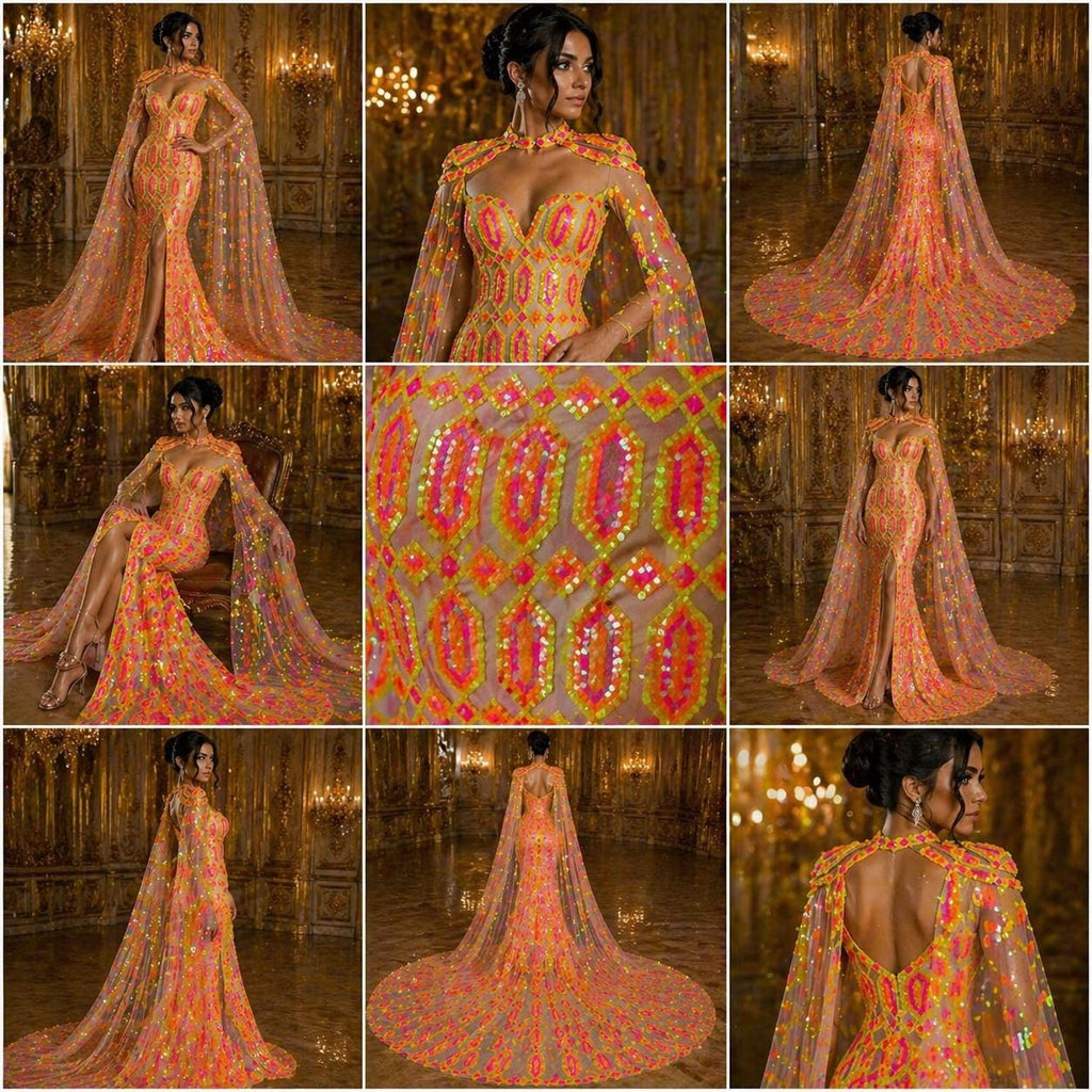 Jewel Design Iridescent Luxury Multi Color Sequin - NeonYellow/Pink - 4 Way Stretch Mesh Fabric – Prom & Evening Dress Material By The Yard.