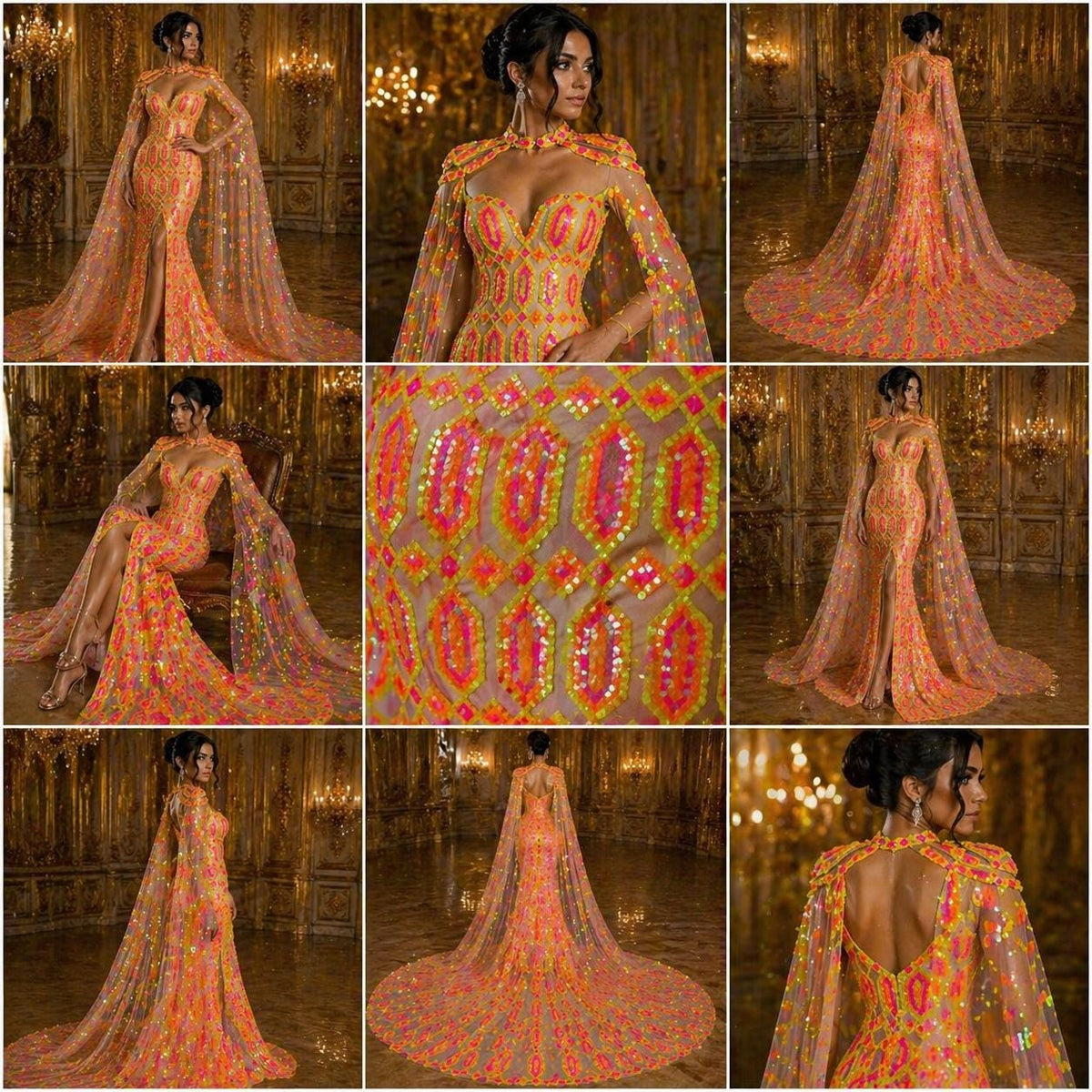 Jewel Design Iridescent Luxury Multi Color Sequin - NeonYellow/Pink - 4 Way Stretch Mesh Fabric – Prom & Evening Dress Material By The Yard.