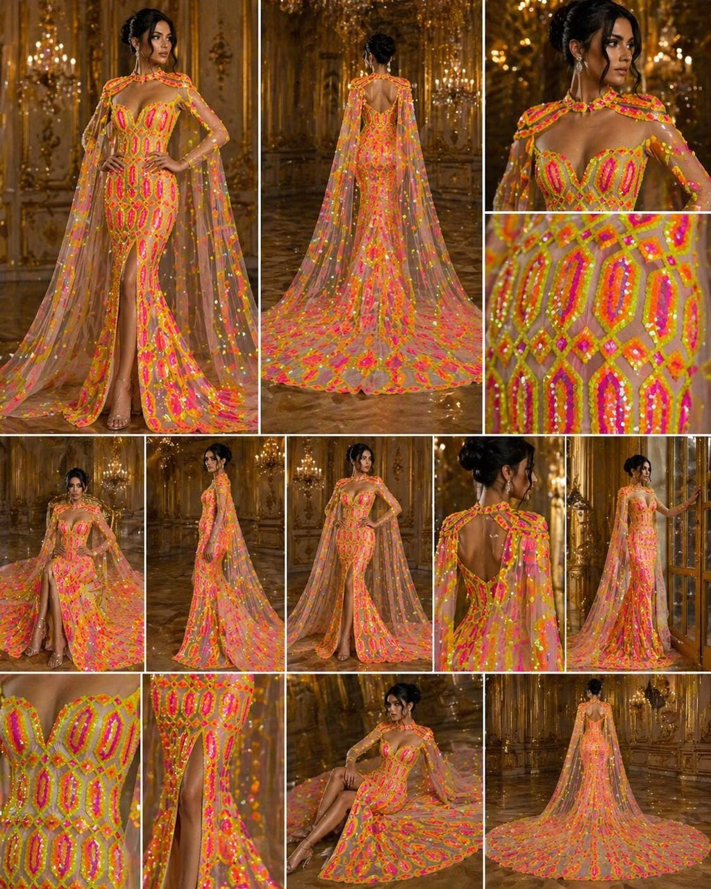 Jewel Design Iridescent Luxury Multi Color Sequin - NeonYellow/Pink - 4 Way Stretch Mesh Fabric – Prom & Evening Dress Material By The Yard.
