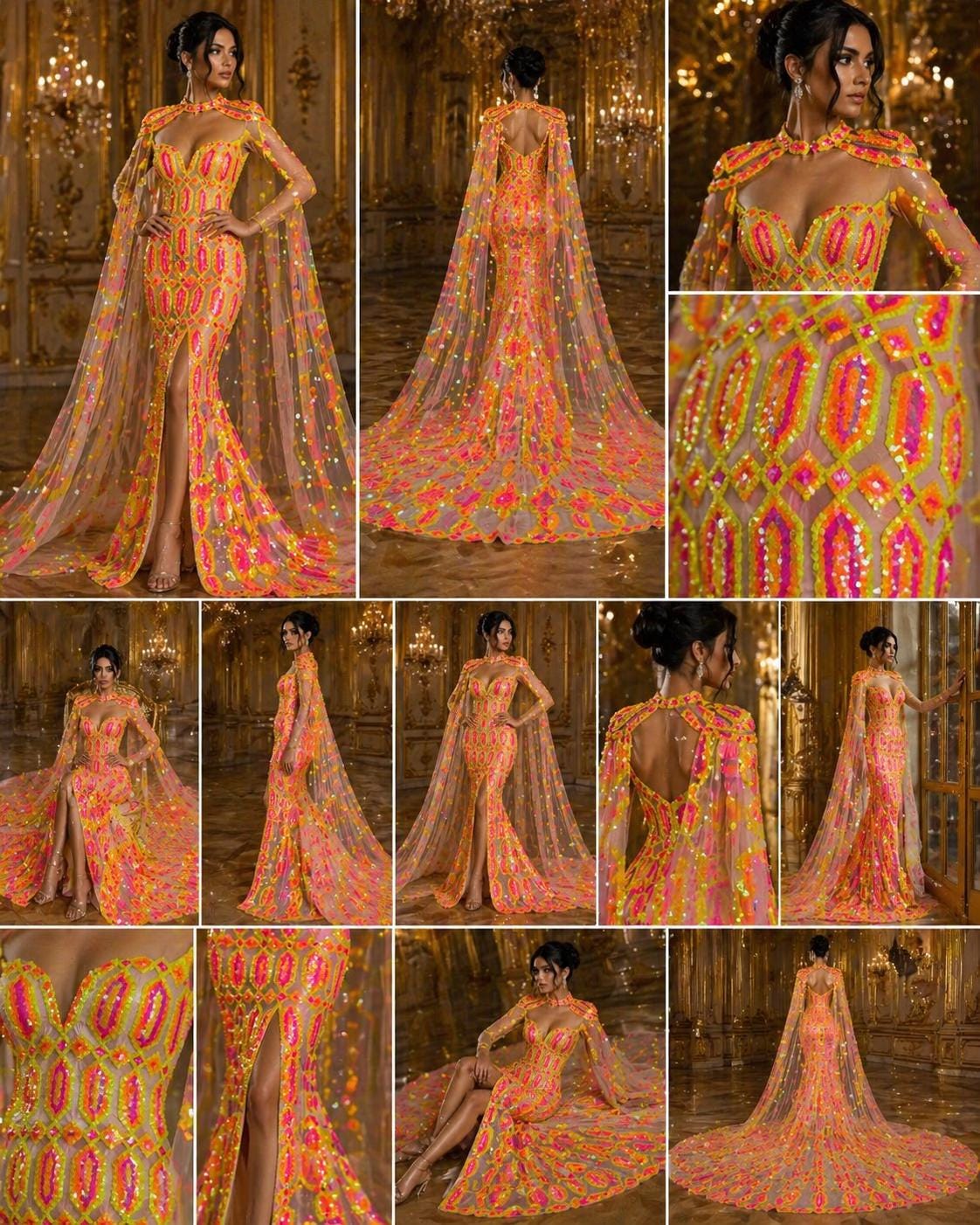 Jewel Design Iridescent Luxury Multi Color Sequin - NeonYellow/Pink - 4 Way Stretch Mesh Fabric – Prom & Evening Dress Material By The Yard.