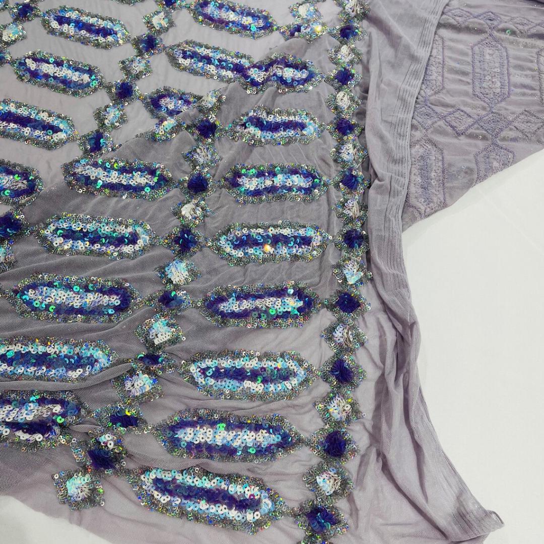 Jewel Design Iridescent Luxury Multi Color Sequin - Lilac/Aqua - 4 Way Stretch Mesh Fabric – Prom & Evening Dress Material By The Yard.