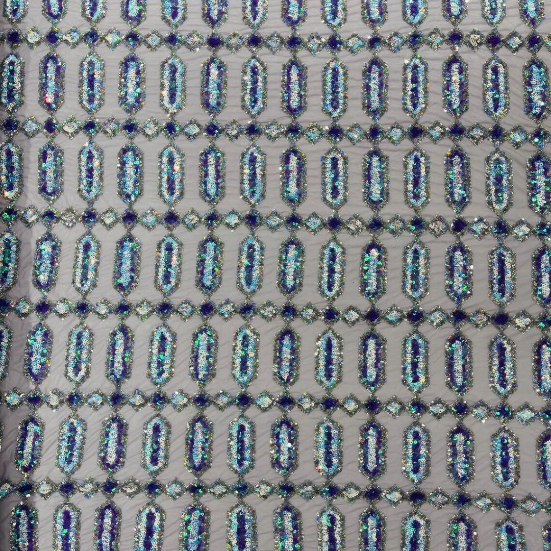 Jewel Design Iridescent Luxury Multi Color Sequin - Lilac/Aqua - 4 Way Stretch Mesh Fabric – Prom & Evening Dress Material By The Yard.