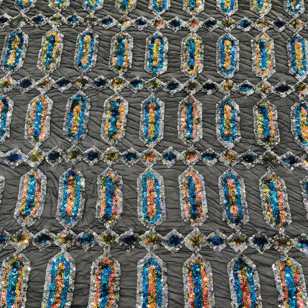 Jewel Design Iridescent Luxury Multi Color Sequin -Turquoise/Silver - 4 Way Stretch Mesh Fabric – Prom & Evening Dress Material By The Yard.