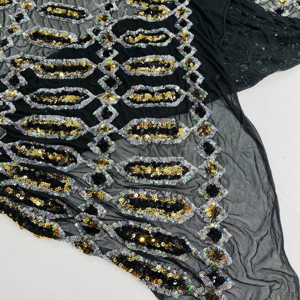 Jewel Design Iridescent Luxury Multi Color Sequin - Olive/Silver - 4 Way Stretch Mesh Fabric – Prom & Evening Dress Material By The Yard.