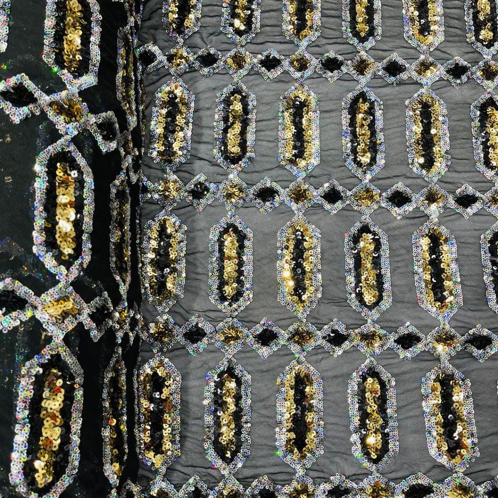 Jewel Design Iridescent Luxury Multi Color Sequin - Olive/Silver - 4 Way Stretch Mesh Fabric – Prom & Evening Dress Material By The Yard.