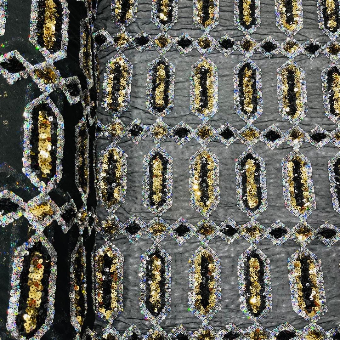 Jewel Design Iridescent Luxury Multi Color Sequin - Olive/Silver - 4 Way Stretch Mesh Fabric – Prom & Evening Dress Material By The Yard.