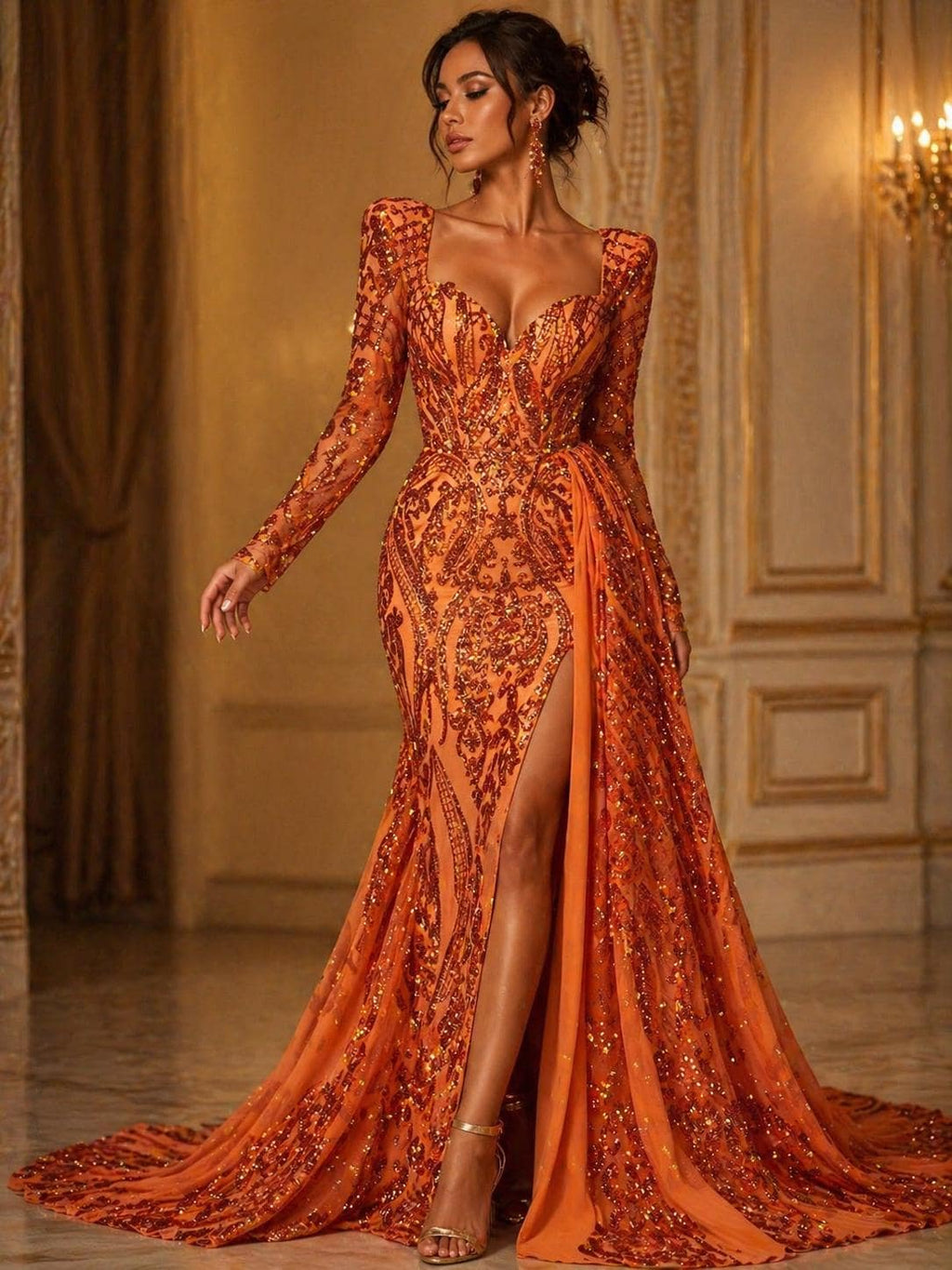Burnt Orange - Marvelous Luxury Shiny Sequin 4-Way Stretch Mesh Fabric – Prom & Evening Dress Material By The Yard.