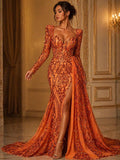 Burnt Orange - Marvelous Luxury Shiny Sequin 4-Way Stretch Mesh Fabric – Prom & Evening Dress Material By The Yard.