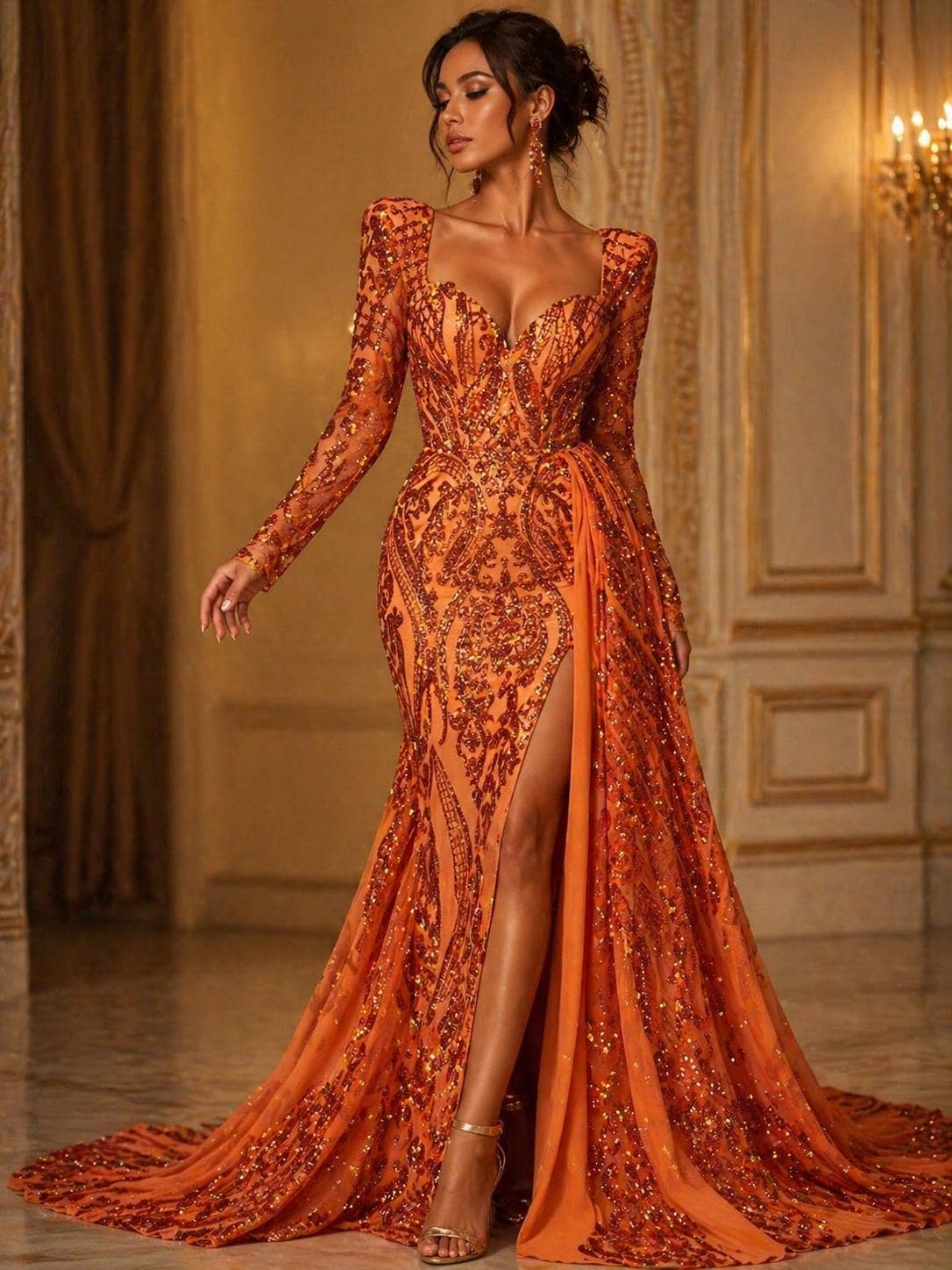 Burnt Orange - Marvelous Luxury Shiny Sequin 4-Way Stretch Mesh Fabric – Prom & Evening Dress Material By The Yard.