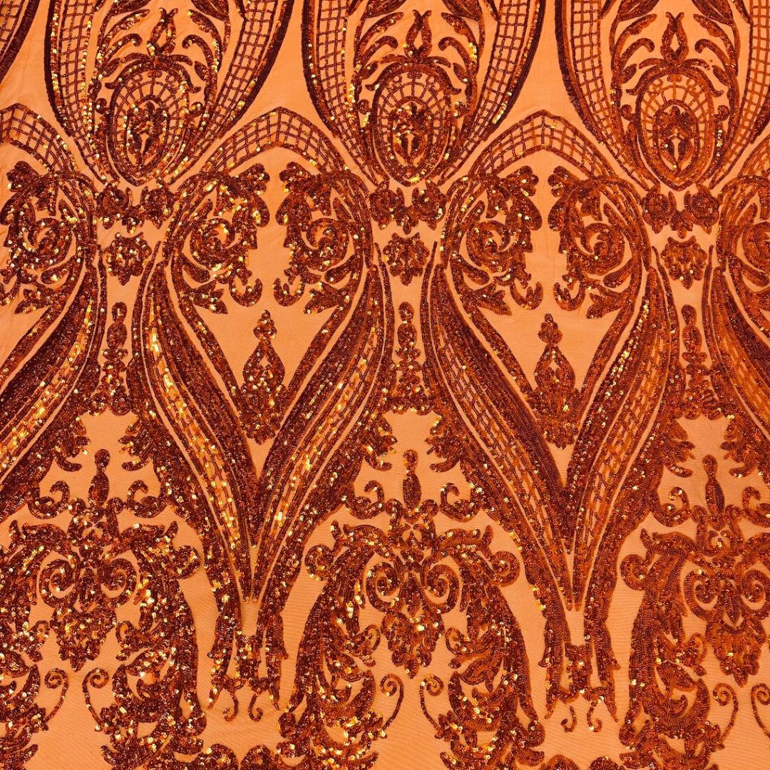 Burnt Orange - Marvelous Luxury Shiny Sequin 4-Way Stretch Mesh Fabric – Prom & Evening Dress Material By The Yard.