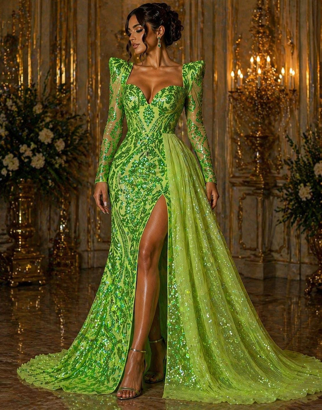 Neon Lime - Marvelous Luxury Shiny Sequin 4-Way Stretch Mesh Fabric – Prom & Evening Dress Material By The Yard.