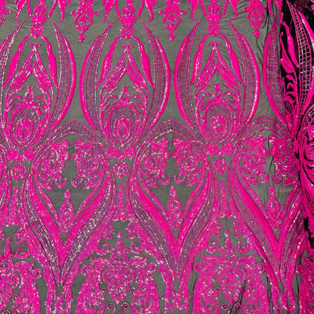 Neon Hot Pink - Marvelous Luxury Shiny Sequin 4-Way Stretch Mesh Fabric – Prom & Evening Dress Material By The Yard.
