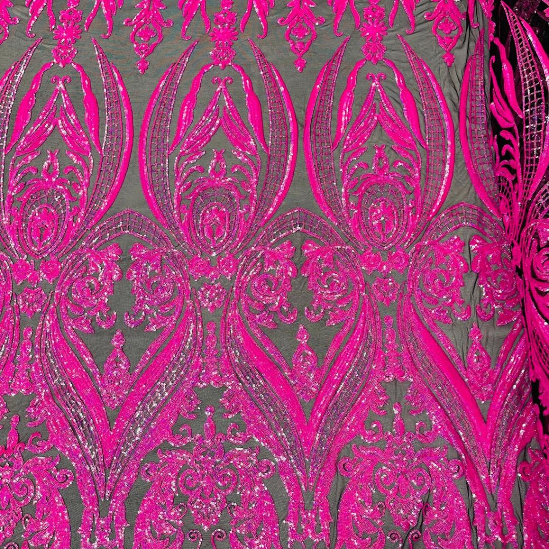 Neon Hot Pink - Marvelous Luxury Shiny Sequin 4-Way Stretch Mesh Fabric – Prom & Evening Dress Material By The Yard.