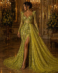 Olive Green - Marvelous Luxury Shiny Sequin 4-Way Stretch Mesh Fabric – Prom & Evening Dress Material By The Yard.