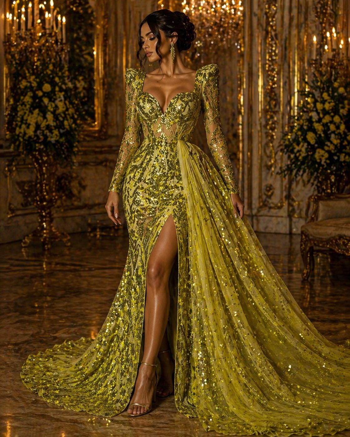 Olive Green - Marvelous Luxury Shiny Sequin 4-Way Stretch Mesh Fabric – Prom & Evening Dress Material By The Yard.