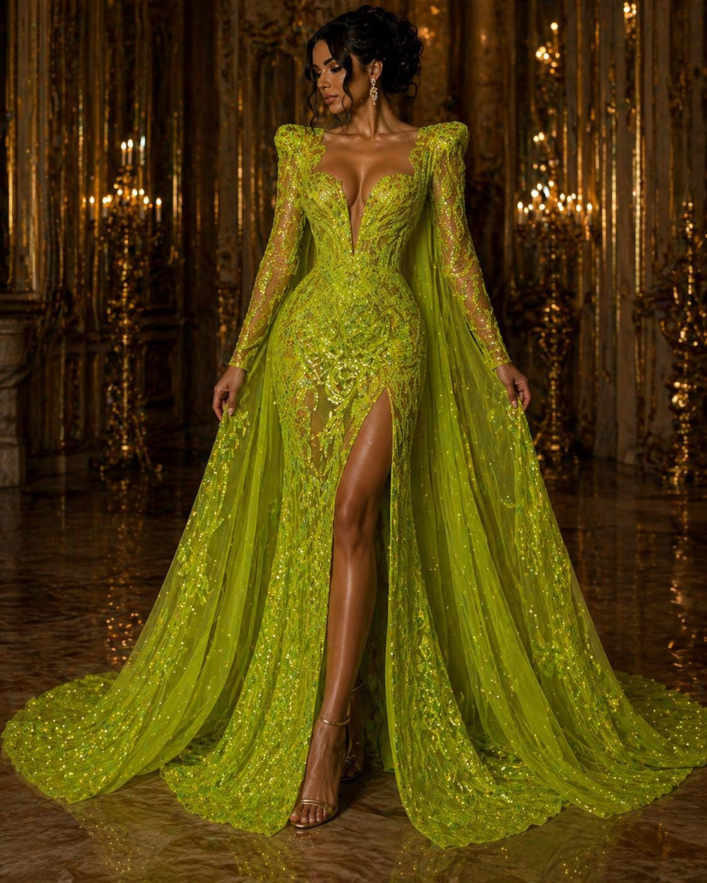 Neon Green - Marvelous Luxury Shiny Sequin 4-Way Stretch Mesh Fabric – Prom & Evening Dress Material By The Yard.