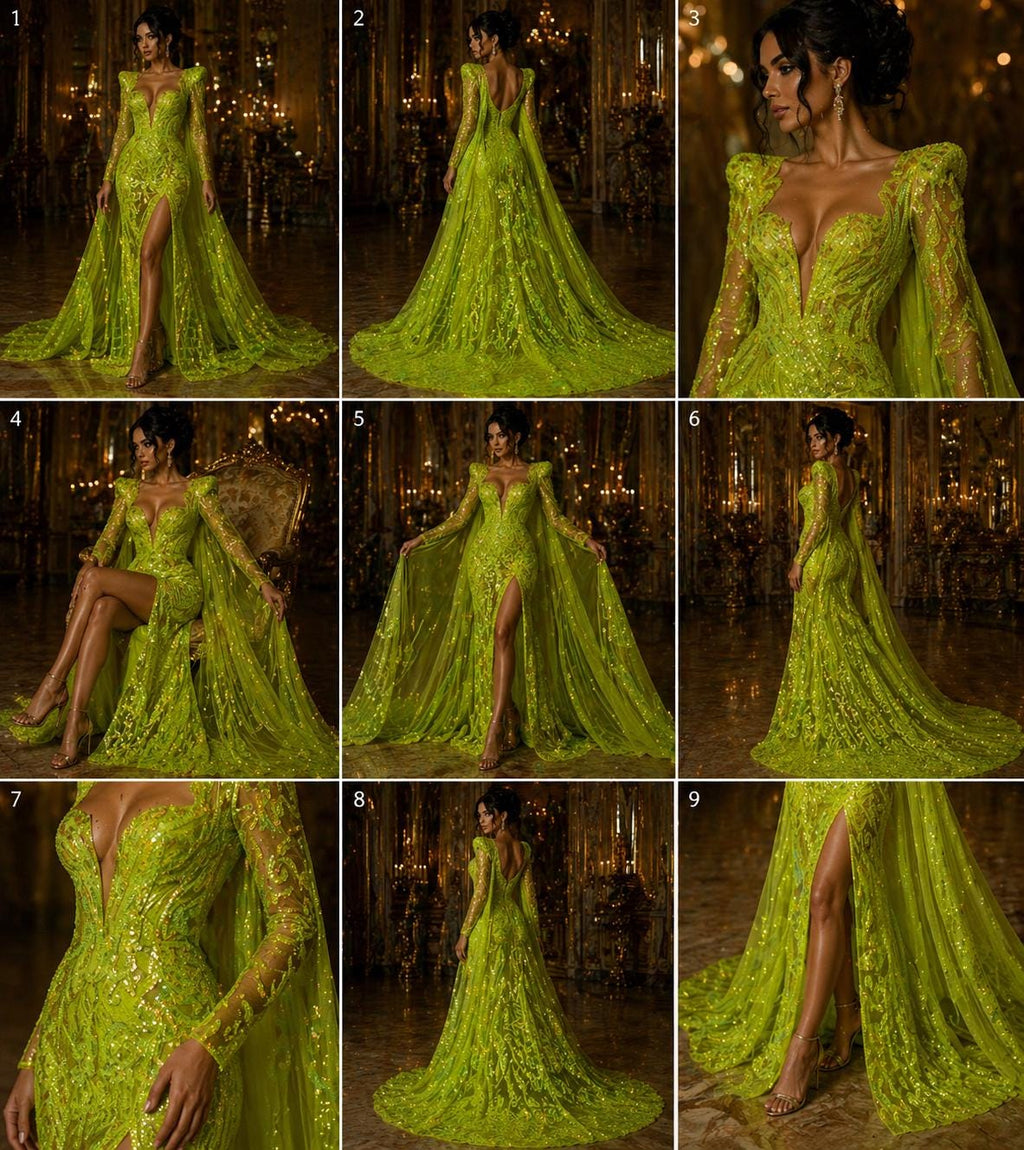 Neon Green - Marvelous Luxury Shiny Sequin 4-Way Stretch Mesh Fabric – Prom & Evening Dress Material By The Yard.