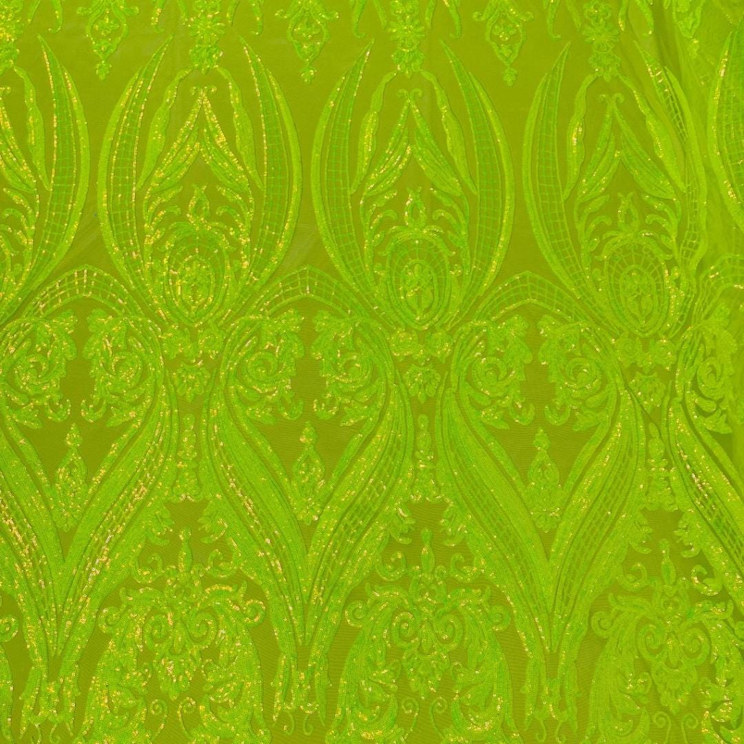Neon Green - Marvelous Luxury Shiny Sequin 4-Way Stretch Mesh Fabric – Prom & Evening Dress Material By The Yard.