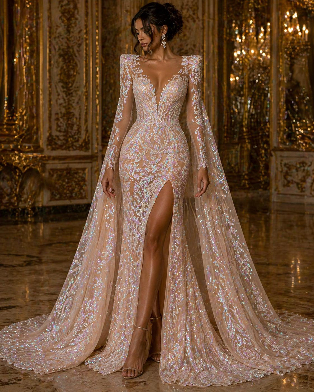 Blush Iridescent - Marvelous Luxury Shiny Sequin 4-Way Stretch Mesh Fabric – Prom & Evening Dress Material By The Yard.