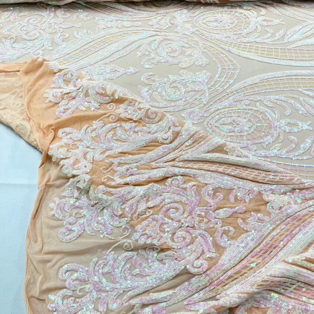 Blush Iridescent - Marvelous Luxury Shiny Sequin 4-Way Stretch Mesh Fabric – Prom & Evening Dress Material By The Yard.