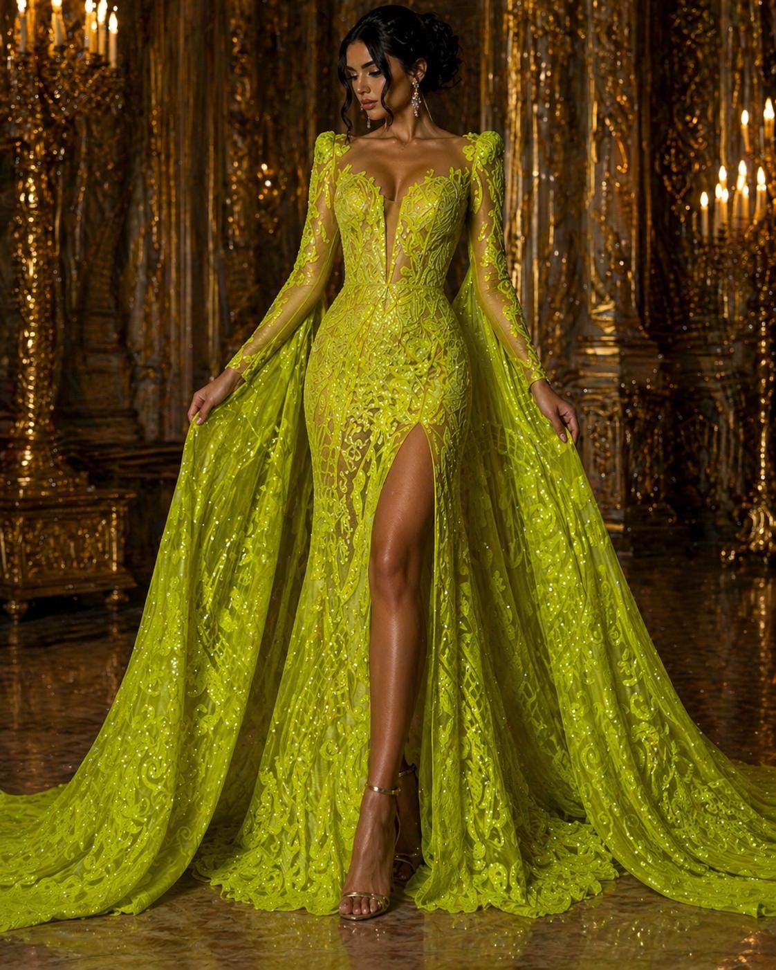 Neon Yellow - Marvelous Luxury Shiny Sequin 4-Way Stretch Mesh Fabric – Prom & Evening Dress Material By The Yard.