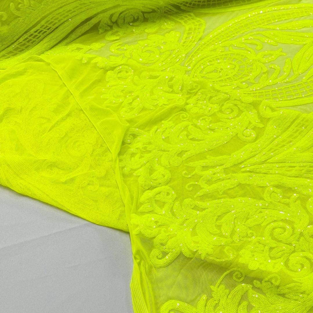 Neon Yellow - Marvelous Luxury Shiny Sequin 4-Way Stretch Mesh Fabric – Prom & Evening Dress Material By The Yard.