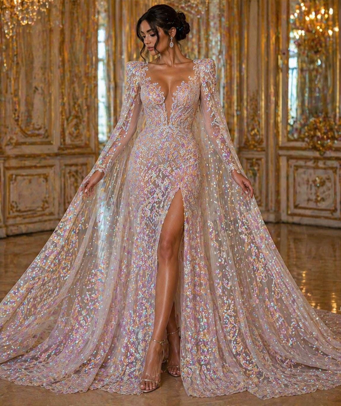 White/Pink Iridescent - Marvelous Luxury Shiny Sequin 4-Way Stretch Mesh Fabric – Prom & Evening Dress Material By The Yard.