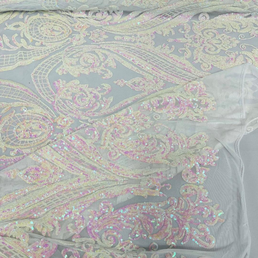 White/Pink Iridescent - Marvelous Luxury Shiny Sequin 4-Way Stretch Mesh Fabric – Prom & Evening Dress Material By The Yard.