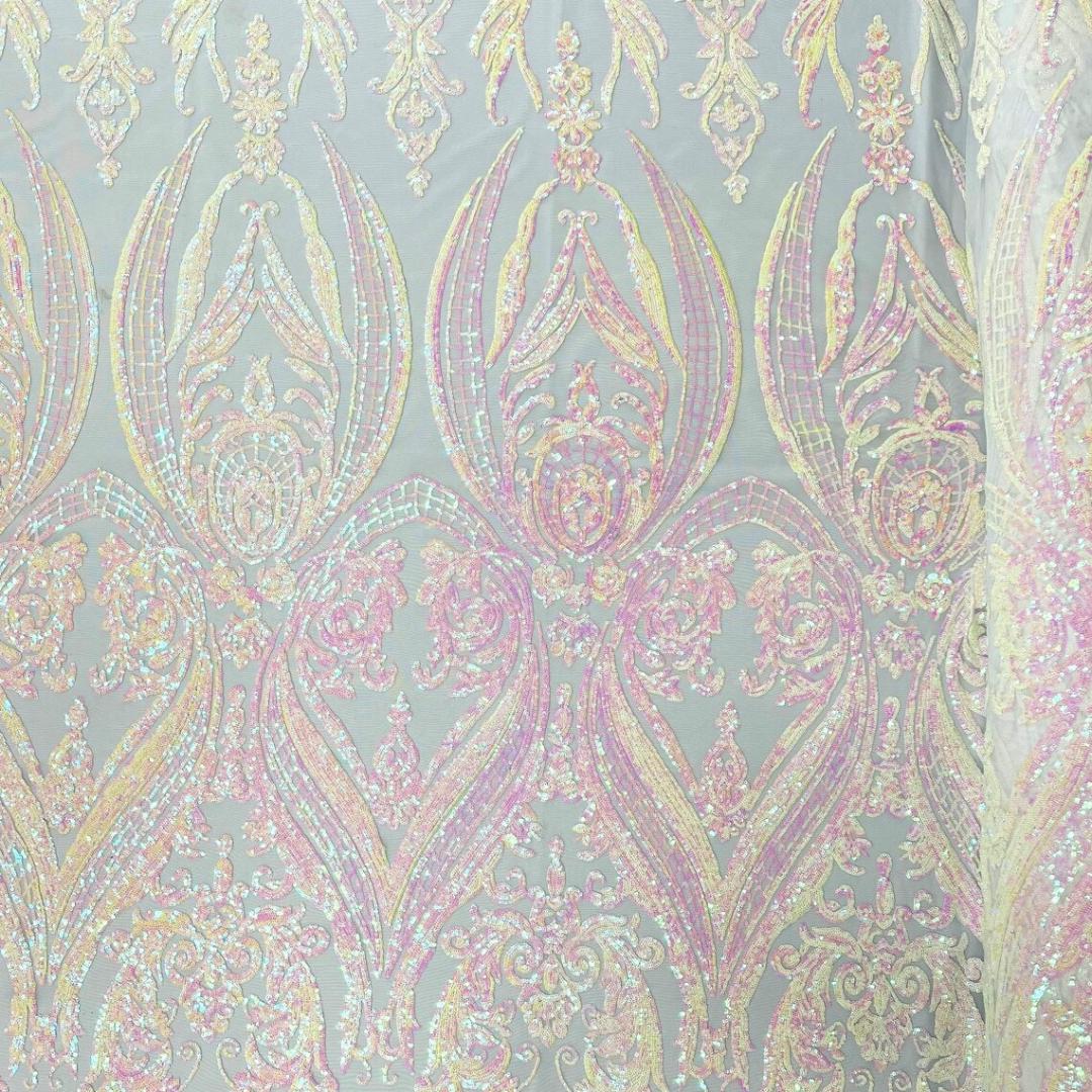 White/Pink Iridescent - Marvelous Luxury Shiny Sequin 4-Way Stretch Mesh Fabric – Prom & Evening Dress Material By The Yard.