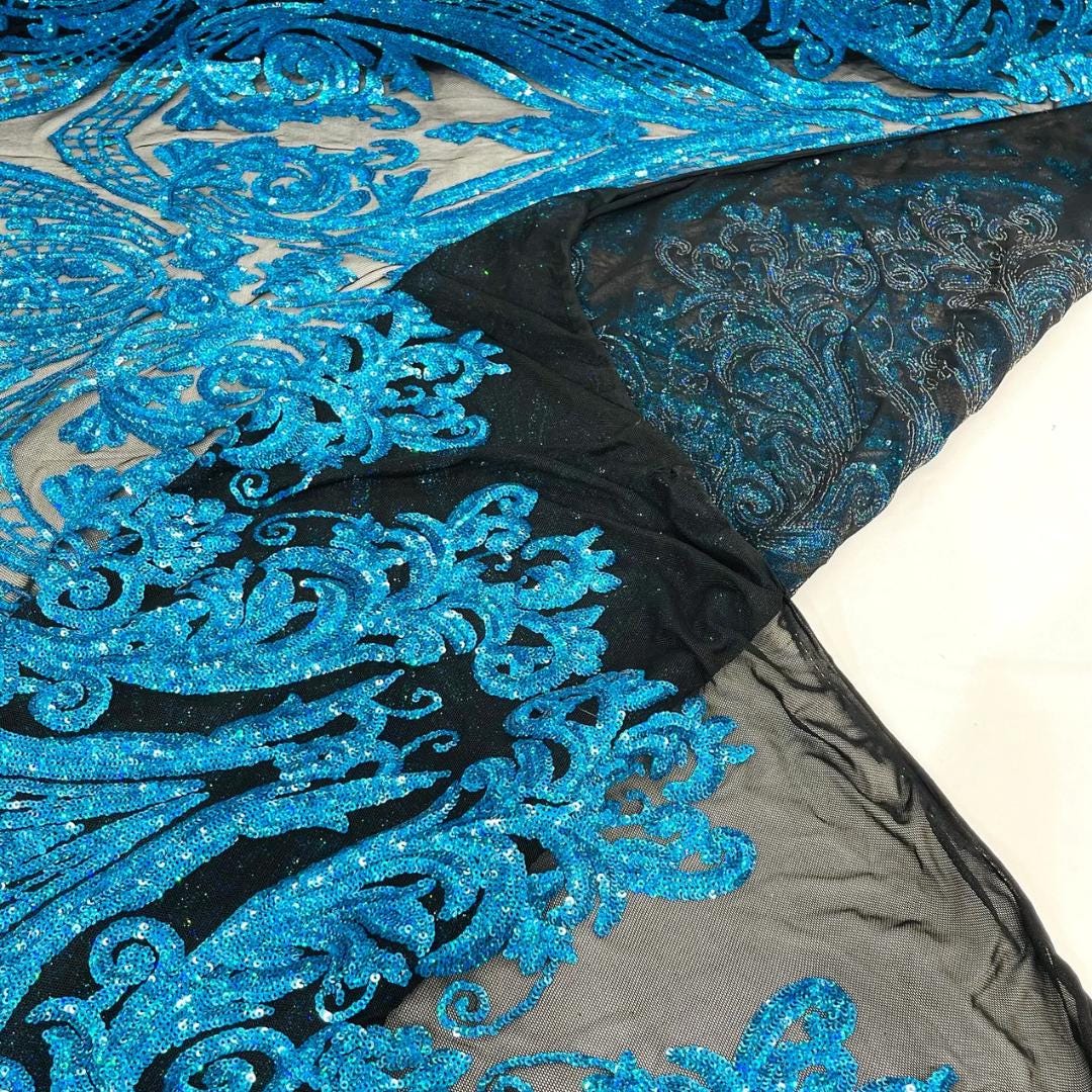 Turquoise Holographic - Marvelous Luxury Shiny Sequin 4-Way Stretch Mesh Fabric – Prom & Evening Dress Material By The Yard.