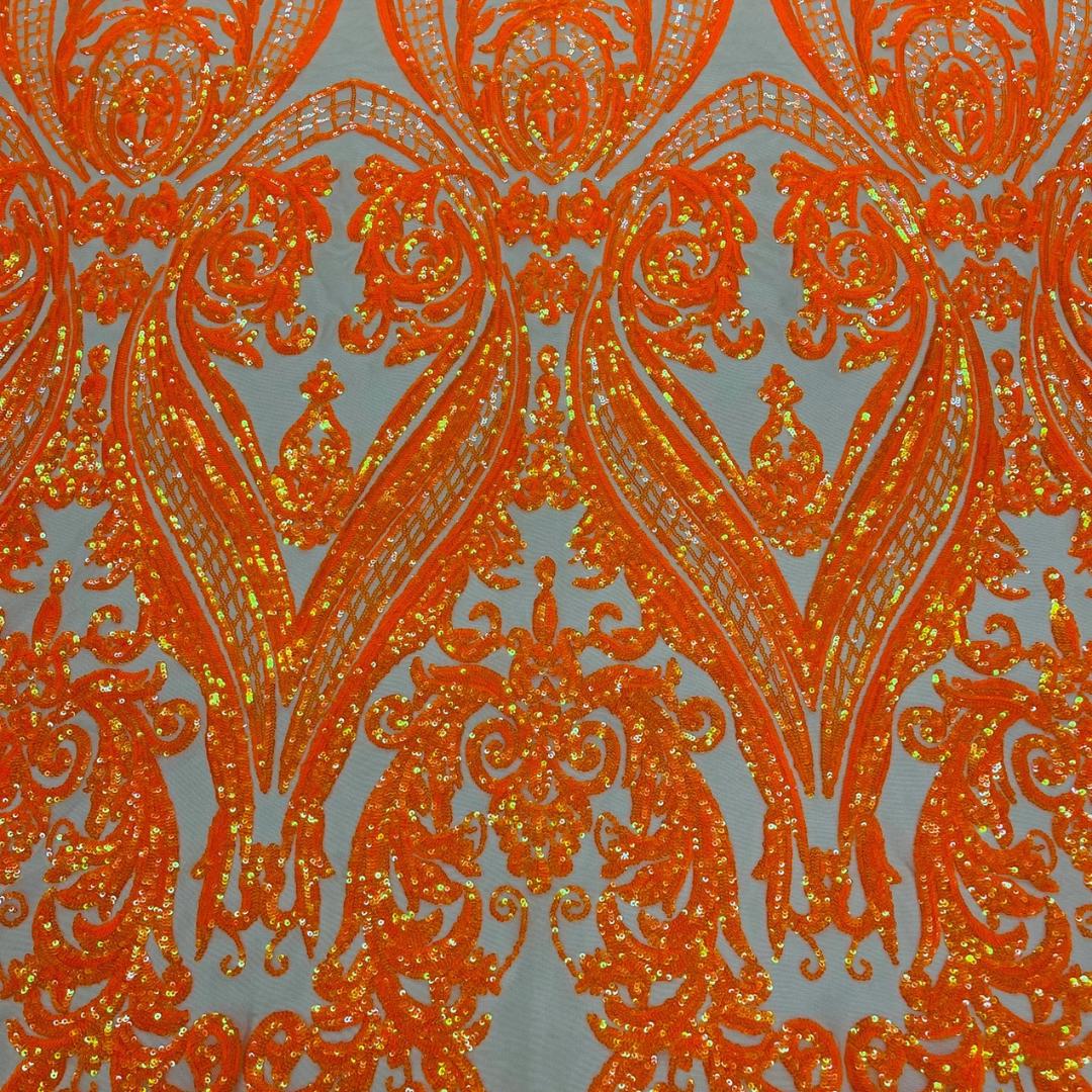 Orange Iridescent - Marvelous Luxury Shiny Sequin 4-Way Stretch Mesh Fabric – Prom & Evening Dress Material By The Yard.