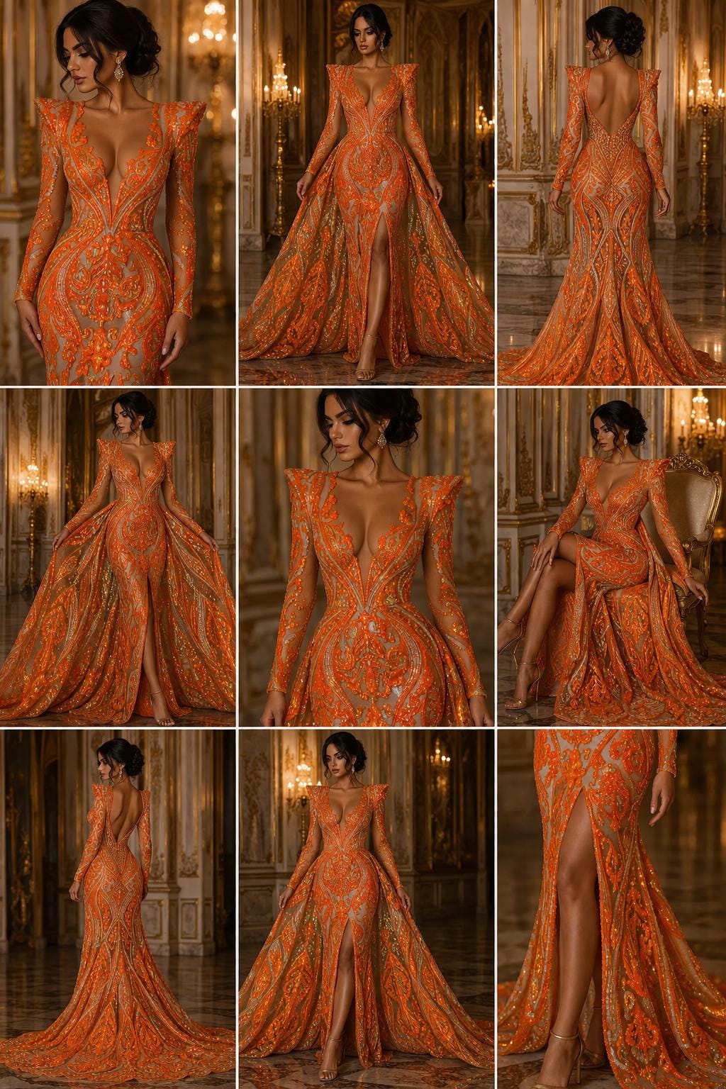 Orange Iridescent - Marvelous Luxury Shiny Sequin 4-Way Stretch Mesh Fabric – Prom & Evening Dress Material By The Yard.
