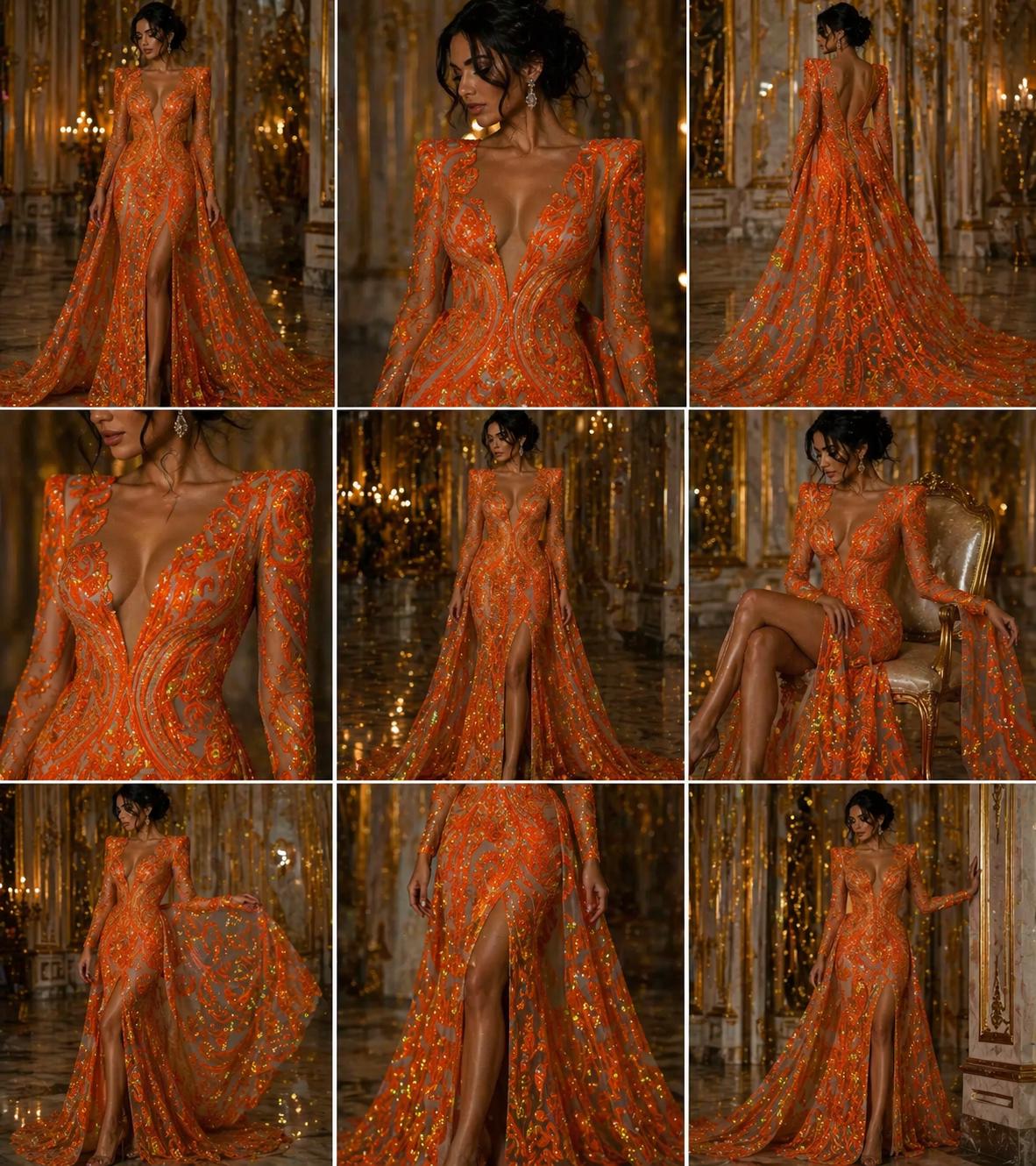 Orange Iridescent - Marvelous Luxury Shiny Sequin 4-Way Stretch Mesh Fabric – Prom & Evening Dress Material By The Yard.