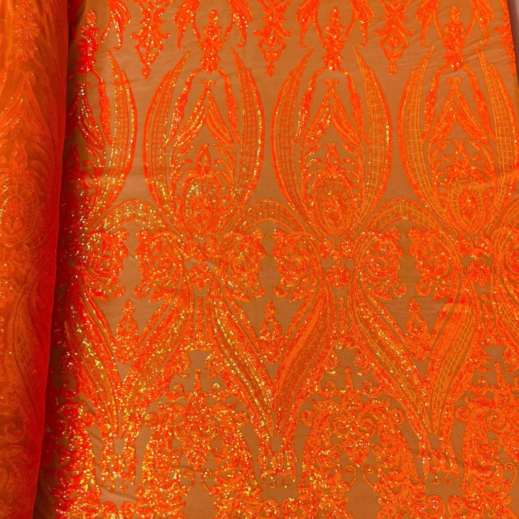 Bright Orange Iridescent - Marvelous Luxury Shiny Sequin 4-Way Stretch Orange Mesh Fabric – Prom & Evening Dress Material By The Yard.