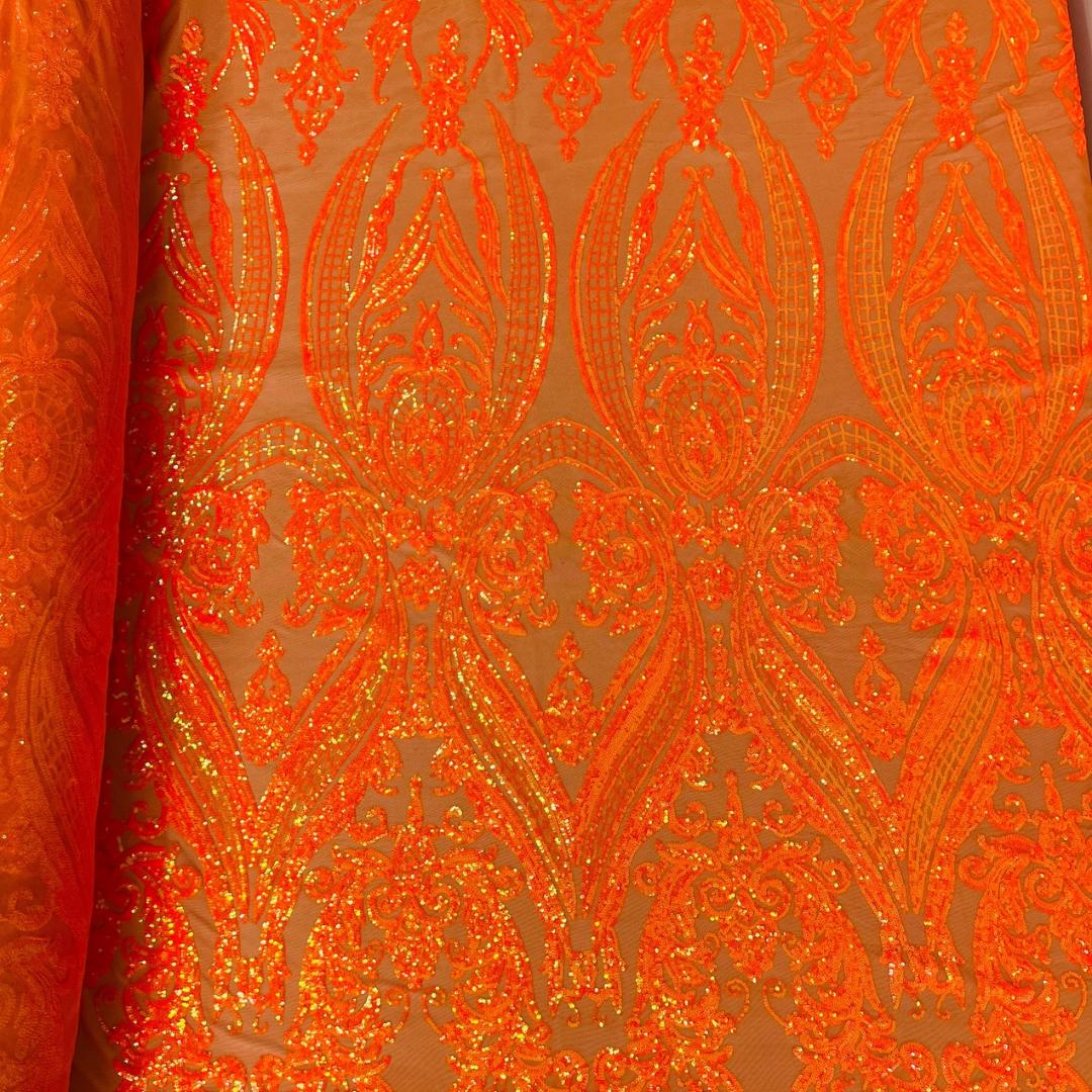 Bright Orange Iridescent - Marvelous Luxury Shiny Sequin 4-Way Stretch Orange Mesh Fabric – Prom & Evening Dress Material By The Yard.