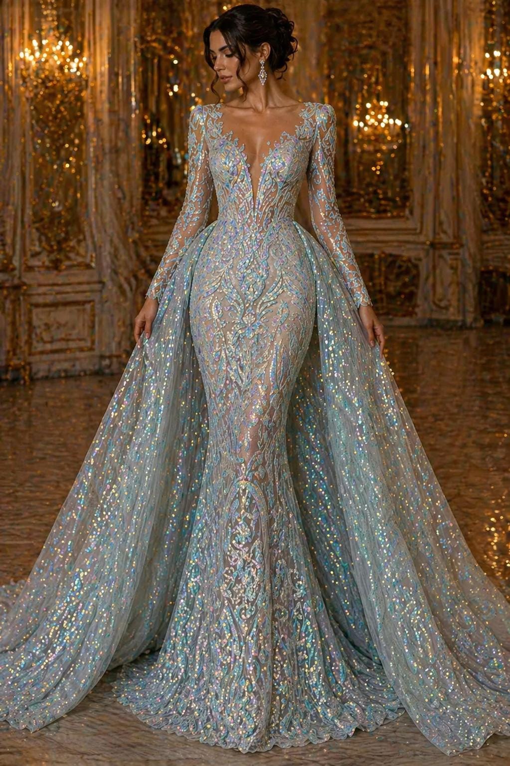 Aqua Clear Iridescent - Marvelous Luxury Shiny Sequin 4-Way Stretch  Mesh Fabric – Prom & Evening Dress Material By The Yard.