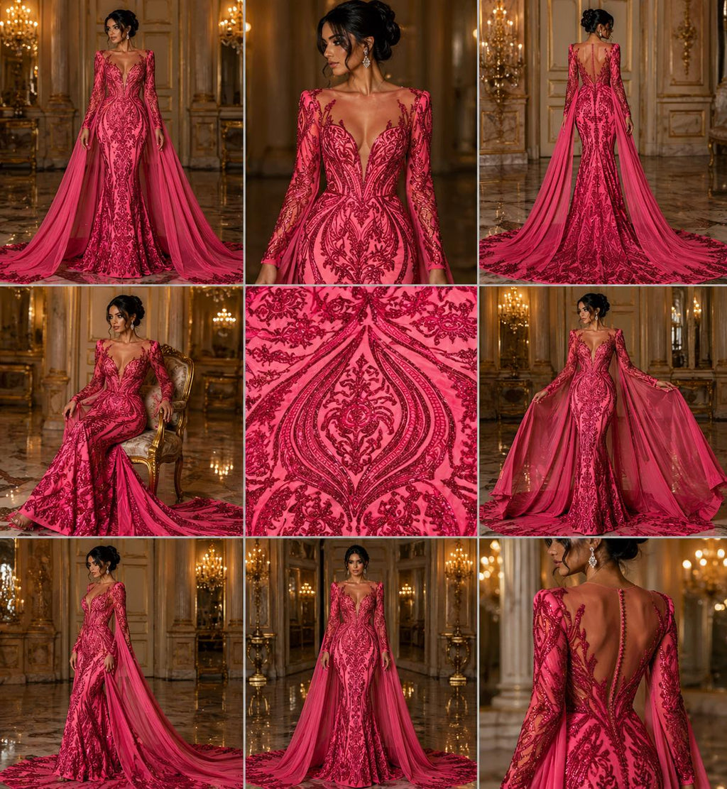 Fuchsia - Marvelous Luxury Shiny Sequin 4-Way Stretch Mesh Fabric – Prom & Evening Dress Material By The Yard.