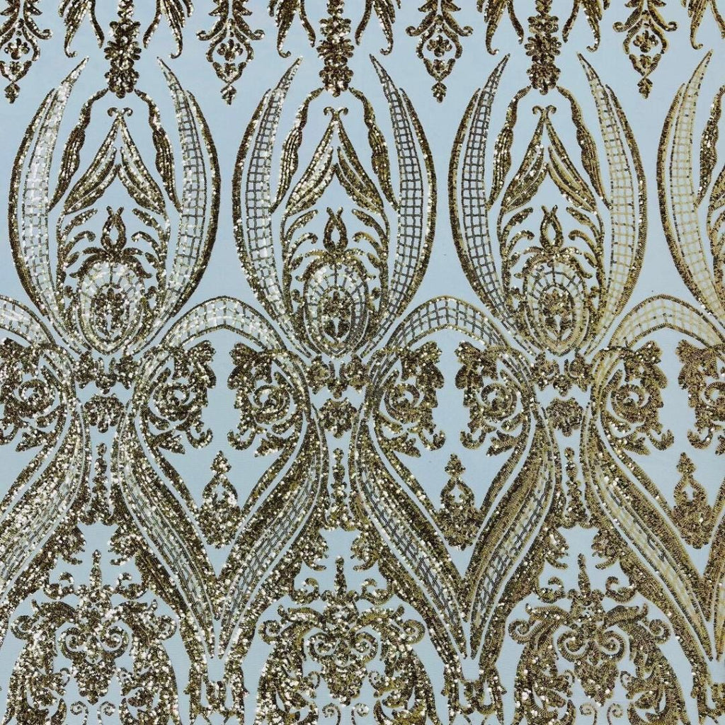 Gold - Marvelous Luxury Shiny Sequin 4-Way Stretch Mesh Fabric – Prom & Evening Dress Material By The Yard.
