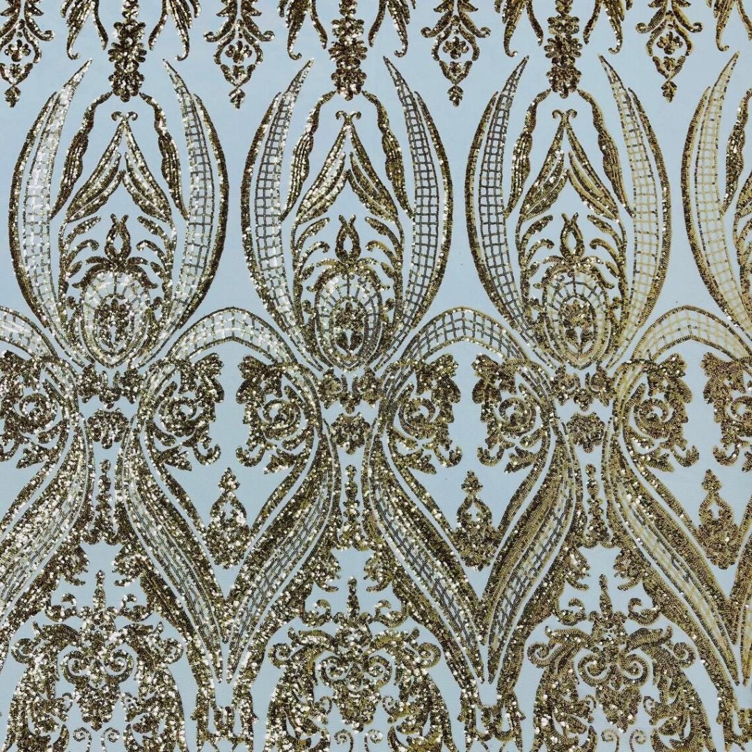 Gold - Marvelous Luxury Shiny Sequin 4-Way Stretch Mesh Fabric – Prom & Evening Dress Material By The Yard.