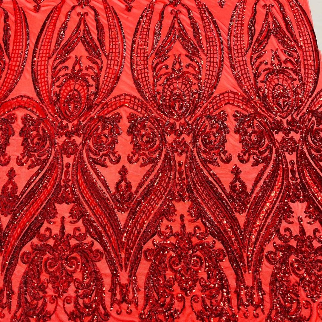 Red - Marvelous Luxury Shiny Sequin 4-Way Stretch Mesh Fabric – Prom & Evening Dress Material By The Yard.