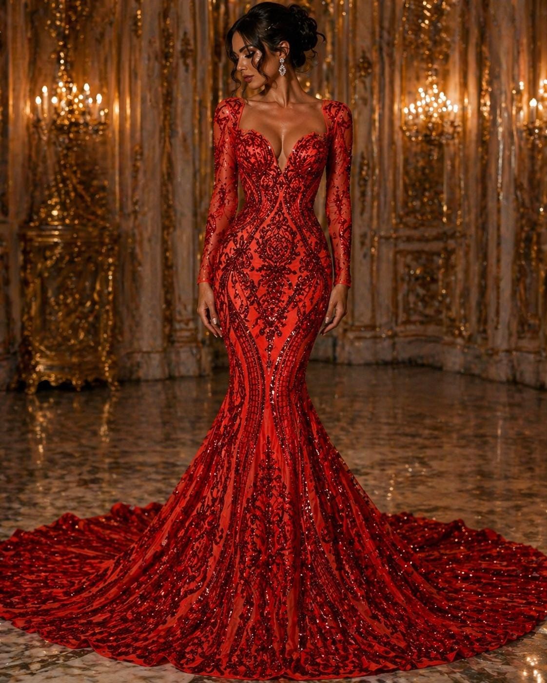 Red - Marvelous Luxury Shiny Sequin 4-Way Stretch Mesh Fabric – Prom & Evening Dress Material By The Yard.