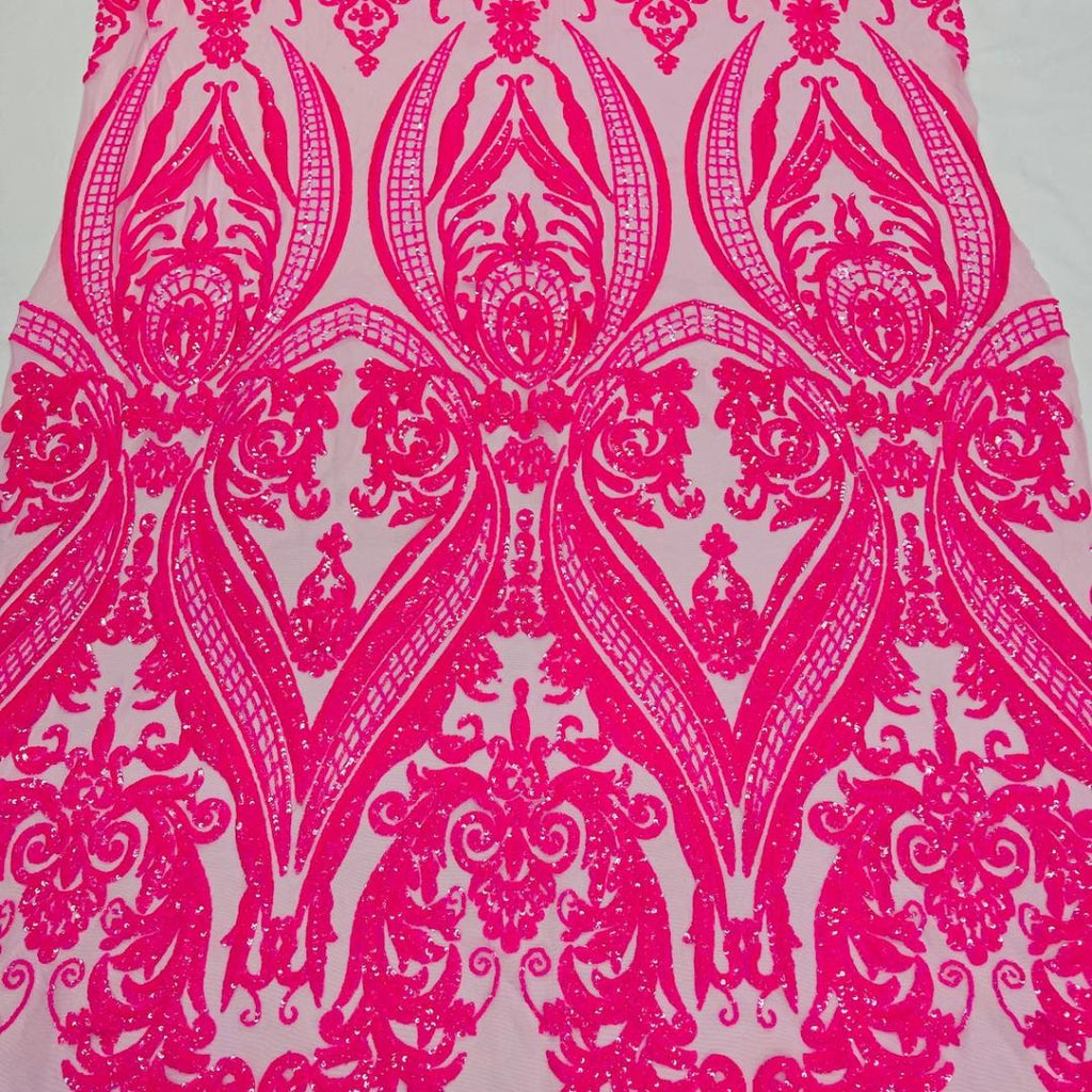 Neon Pink Iridescent - Marvelous Luxury Shiny Sequin 4-Way Stretch Mesh Fabric – Prom & Evening Dress Material By The Yard.